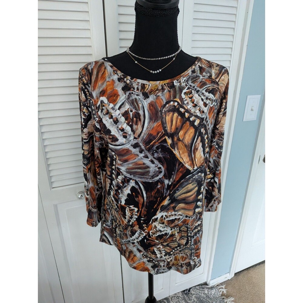 Peck & Peck Artsy Tee Top Womens L Brown Painted Butterfly Art To Wear Festival - Picture 1 of 10